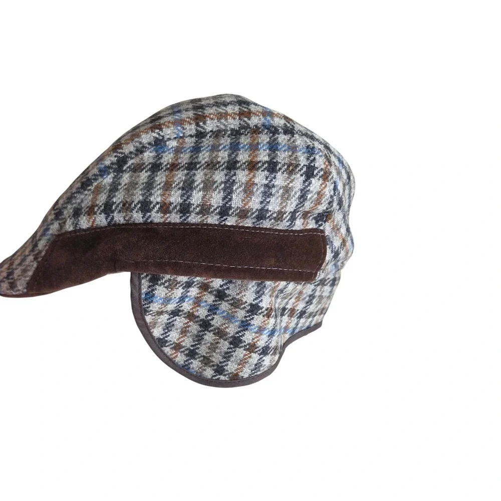 Houndstooth Newsboy Cap Brown Blue‎ Plaid Driving  Hat Ear Flaps Made In Italy